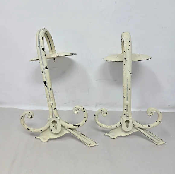 Bird Pillars Candle Holders Off White Patina Shabby Chic Rustic Farm House Metal - Picture 4 of 8